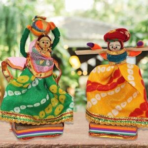 JH Gallery Recycled Material Rajasthani Home Decor Items Musician Bawla Puppets Idol Show Pieces for Home Decor 11 X 28 Cm Multicolor, 5 Pieces (Male Puppets)